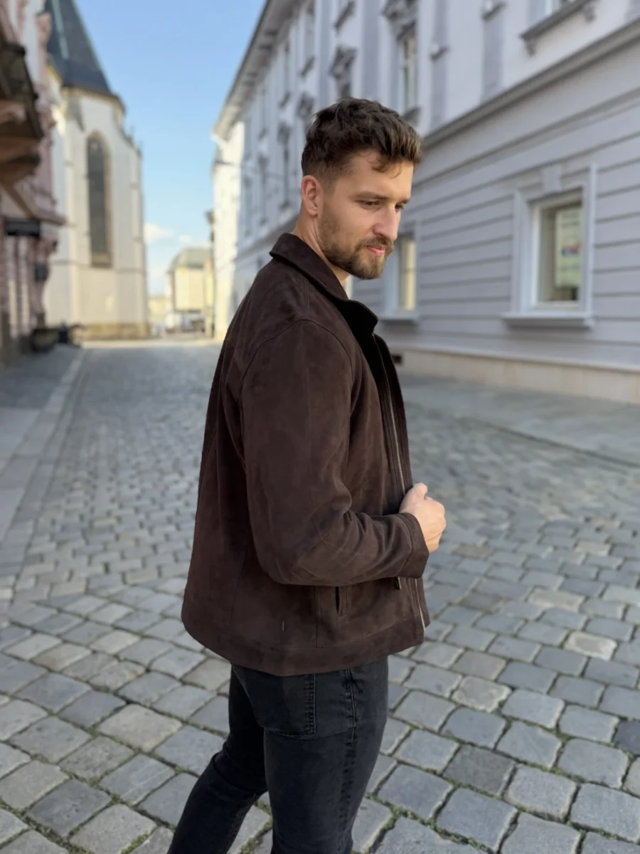 Delon 77 Brown Suede – Kožená bunda s límcem hnědý semiš - Obrázek 4
