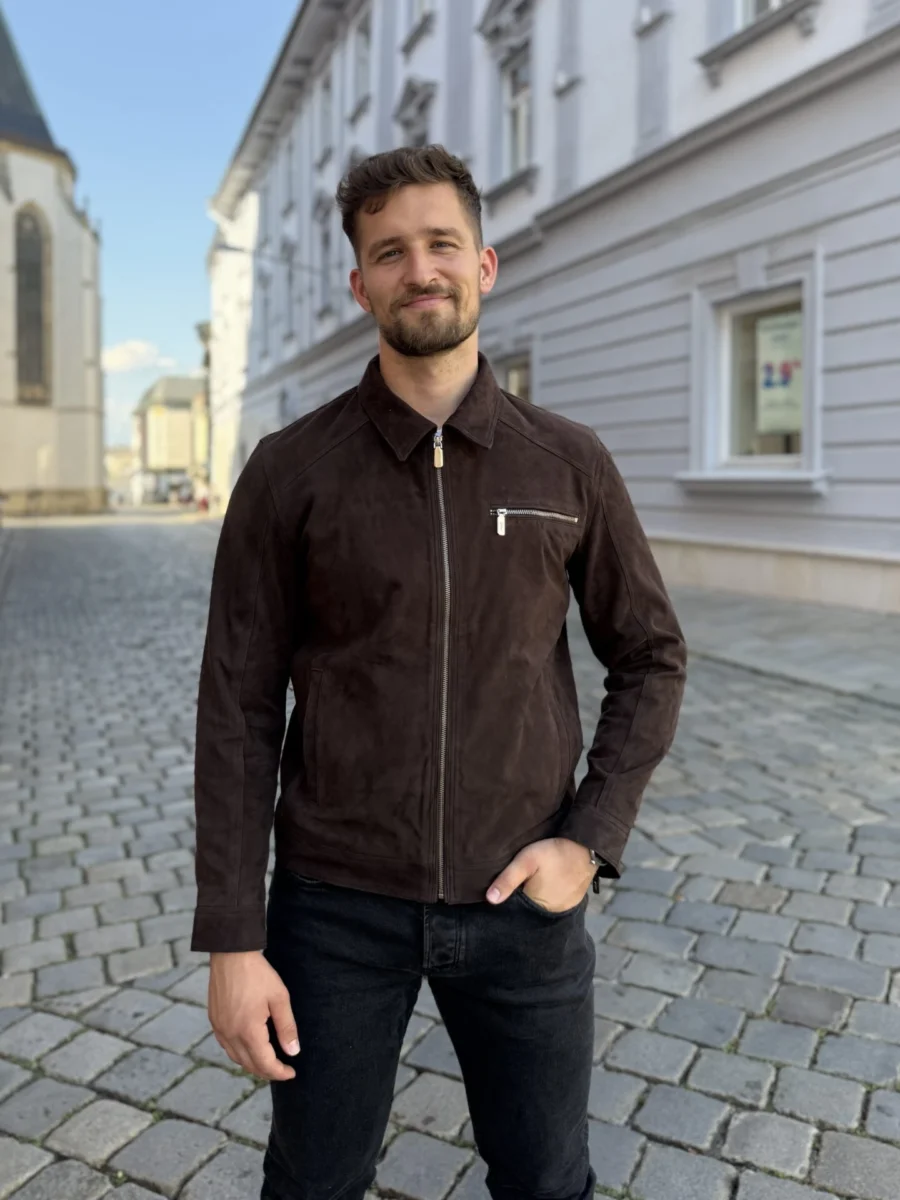 Delon 77 Brown Suede – Kožená bunda s límcem hnědý semiš - Obrázek 3