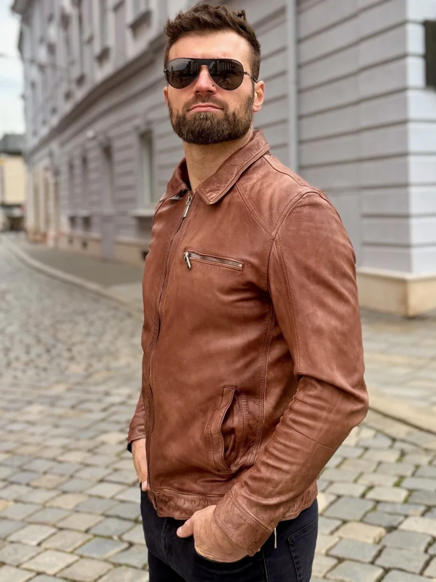 Delon 77 Chestnut – Kožená bunda s límcem kaštanově hnědá - Obrázek 5