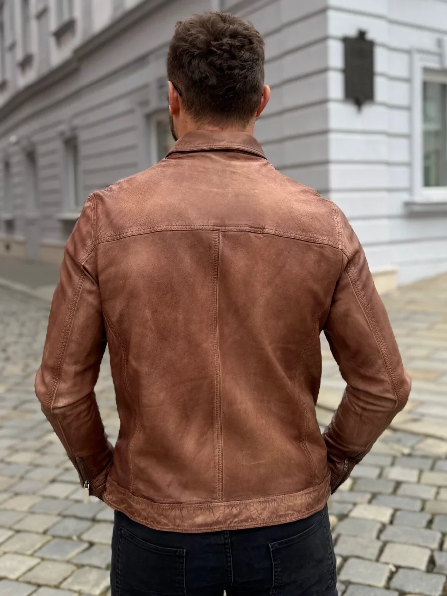Delon 77 Chestnut – Kožená bunda s límcem kaštanově hnědá - Obrázek 7
