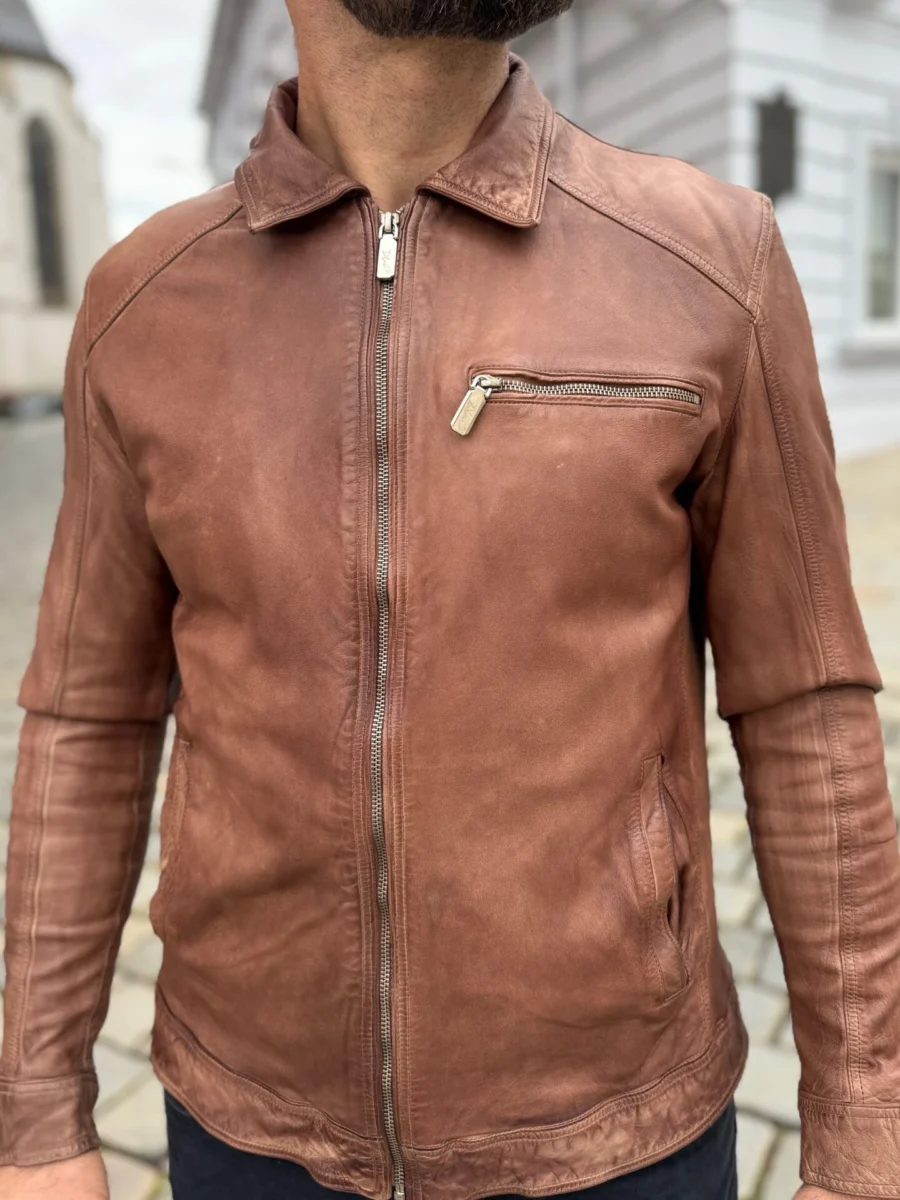 Delon 77 Chestnut – Kožená bunda s límcem kaštanově hnědá - Obrázek 4