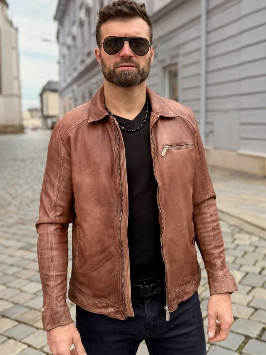 Delon 77 Chestnut – Kožená bunda s límcem kaštanově hnědá - Obrázek 2
