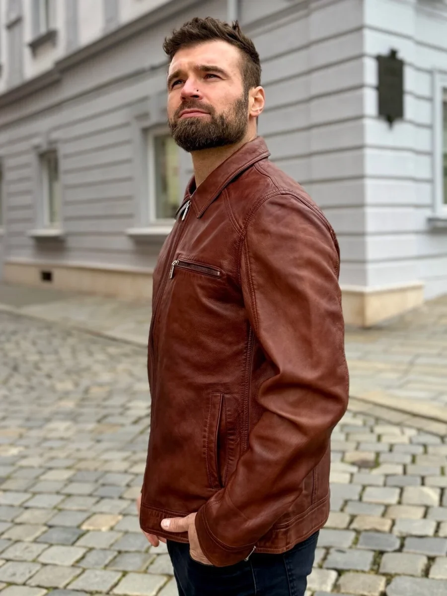 Delon 77 Chestnut Antic– Kožená bunda s límcem kaštanová antick - Obrázek 3