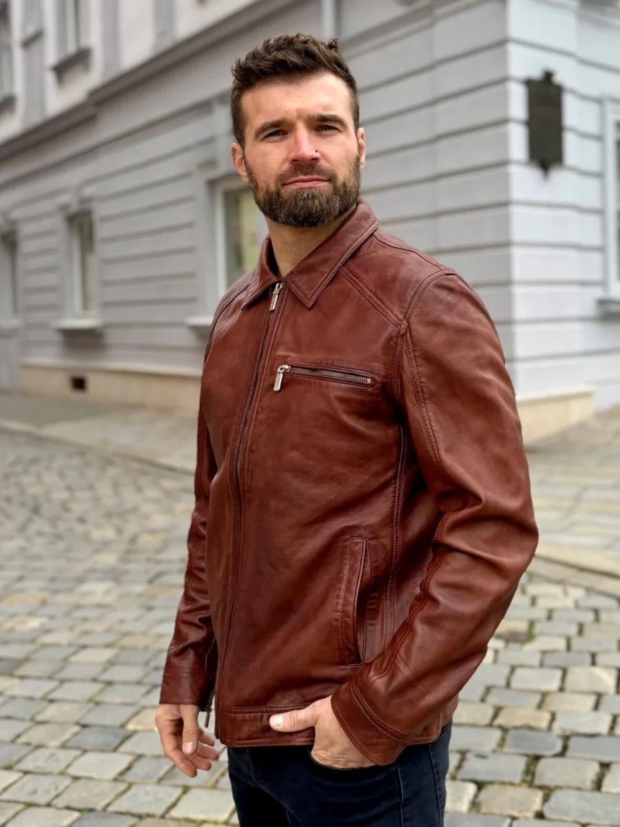 Delon 77 Chestnut Antic– Kožená bunda s límcem kaštanová antick - Obrázek 4