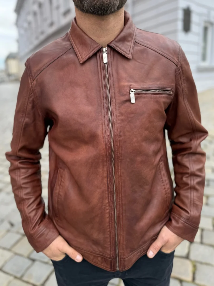 Delon 77 Chestnut Antic– Kožená bunda s límcem kaštanová antick - Obrázek 7