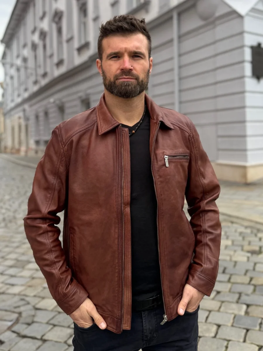 Delon 77 Chestnut Antic– Kožená bunda s límcem kaštanová antick - Obrázek 6