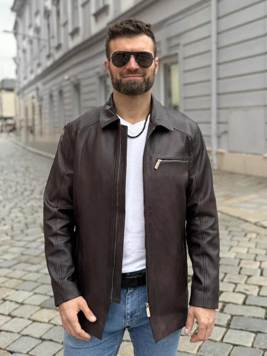 Delon 2025 long – Kožená prodloužená bunda s límcem