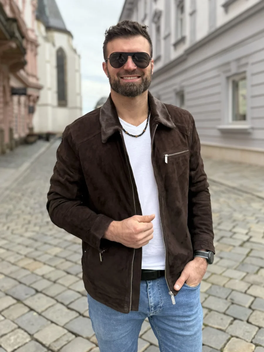 Delon Brown Fur – Pánská zimní kožená bunda s límcem kožich hnědá - Obrázek 3