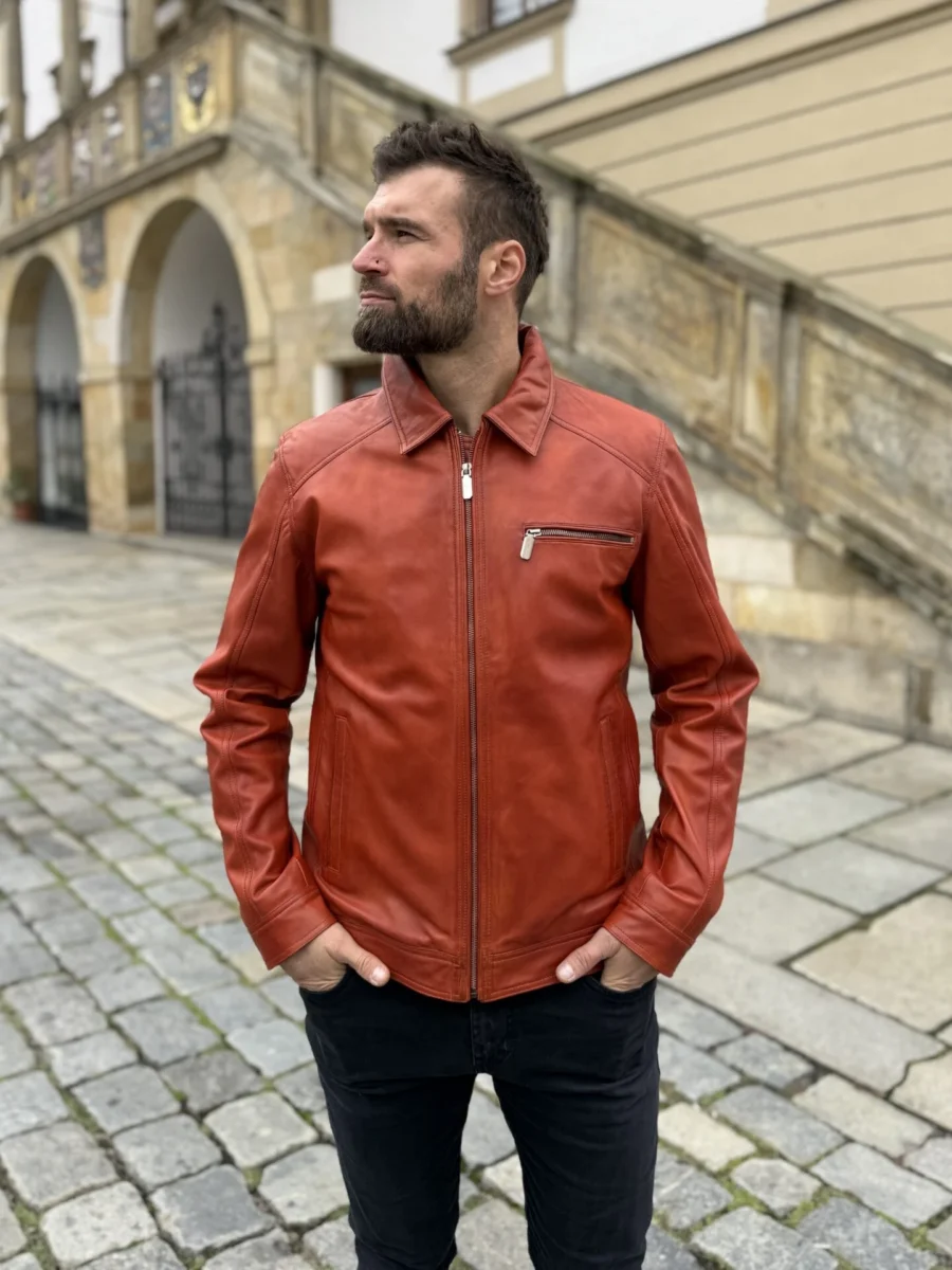 Delon 77 Bordeaux – Kožená bunda s límcem bordeaux - Obrázek 3
