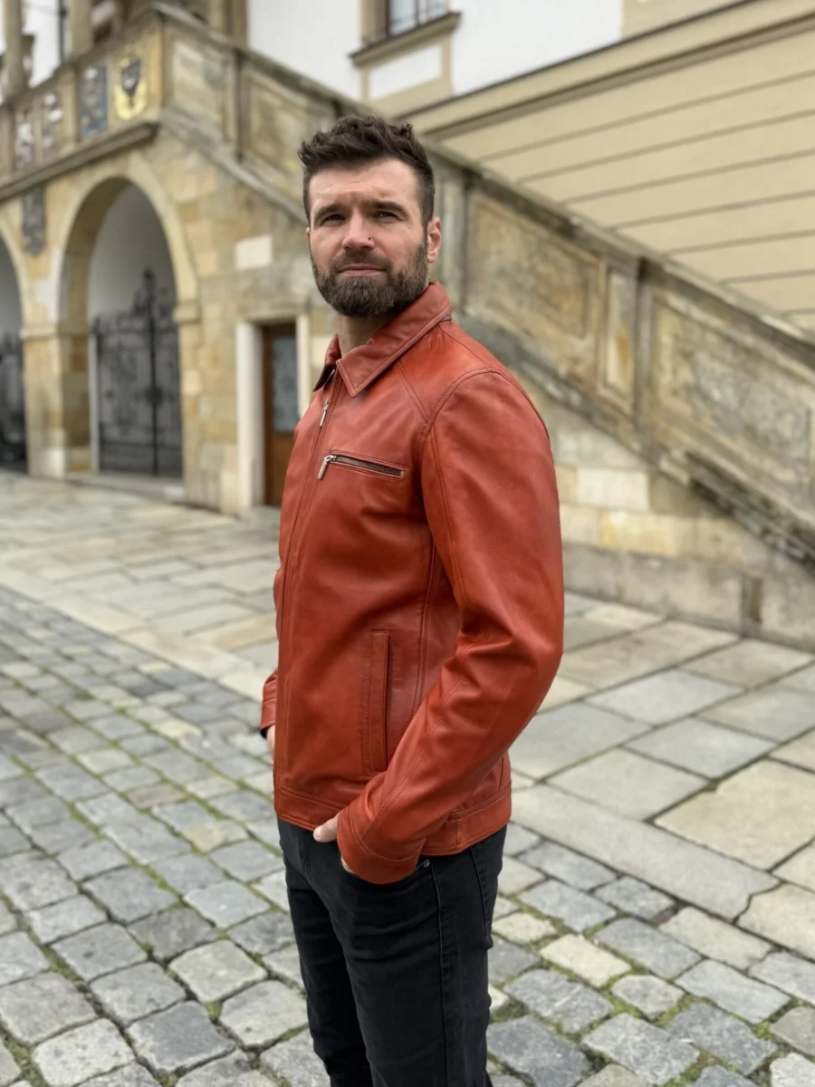 Delon 77 Bordeaux – Kožená bunda s límcem bordeaux - Obrázek 4