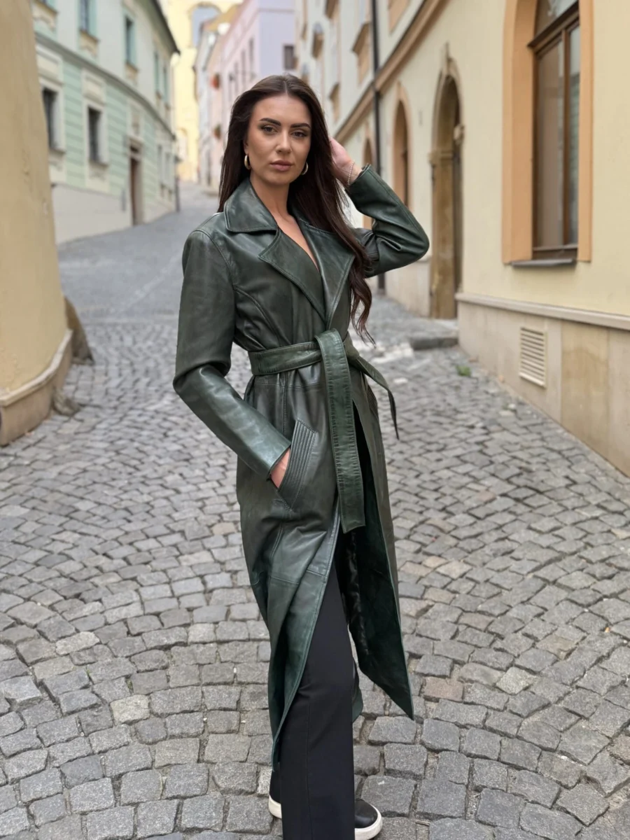 Angelika Emerald Green-  Dámský Kožený Kabát Zelený - Obrázek 4