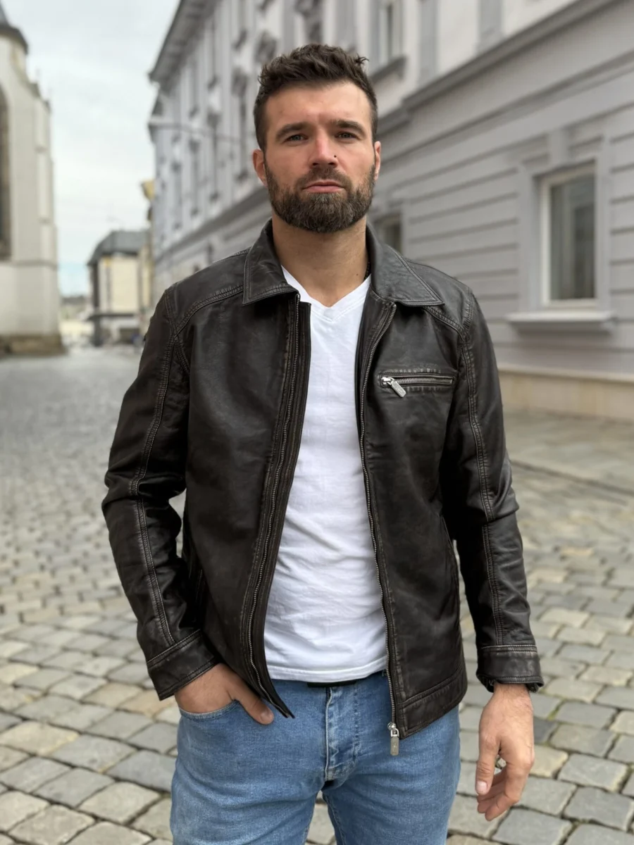Delon 77 Brown Vintage – Kožená bunda s límcem hnědá vintage