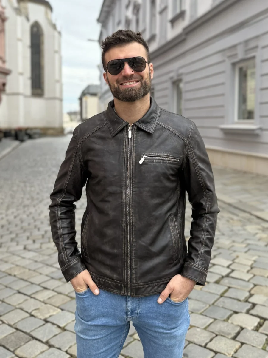 Delon 77 Brown Vintage – Kožená bunda s límcem hnědá vintage - Obrázek 3