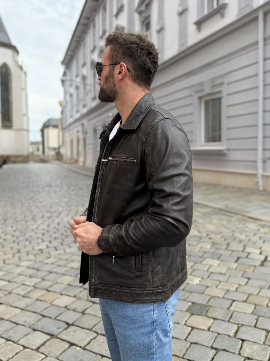Delon 77 Brown Vintage – Kožená bunda s límcem hnědá vintage - Obrázek 4