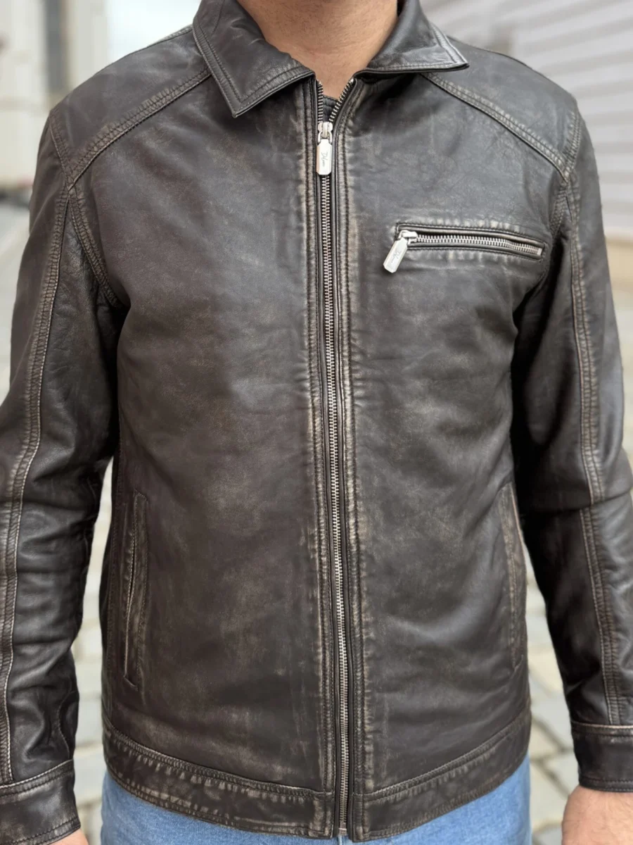 Delon 77 Brown Vintage – Kožená bunda s límcem hnědá vintage - Obrázek 6