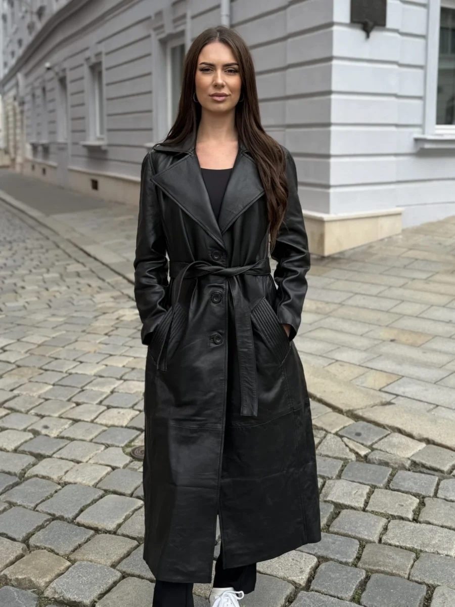 Angelika Black- Dlouhý Kožený Kabát