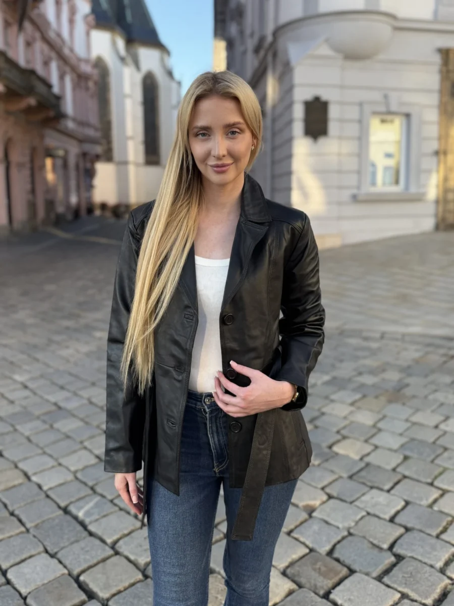 Paola Black – Kožený Černý kabátek s páskem a knoflíky - Obrázek 3