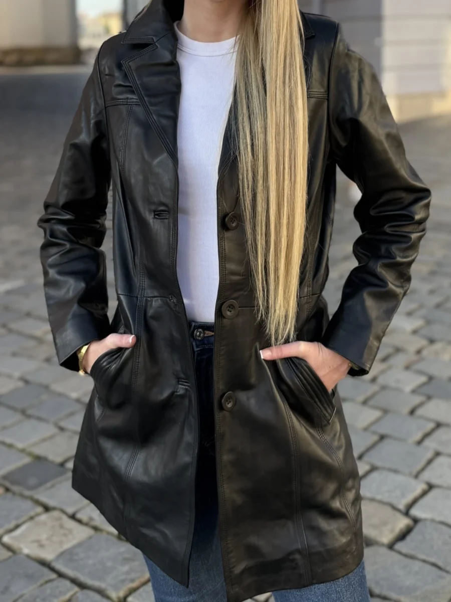 Sabine Black dámský černý kožený kabát - Obrázek 2