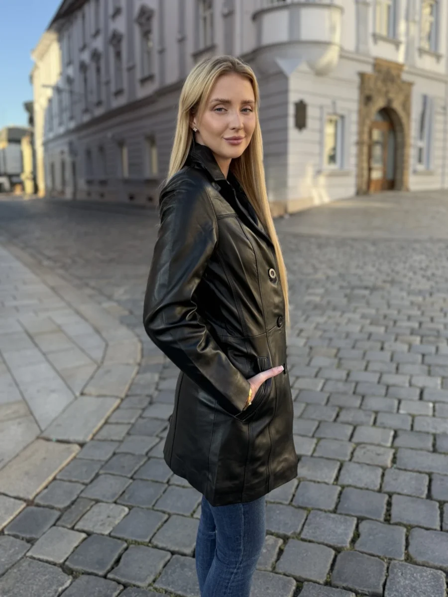 Sabine Black dámský černý kožený kabát - Obrázek 4