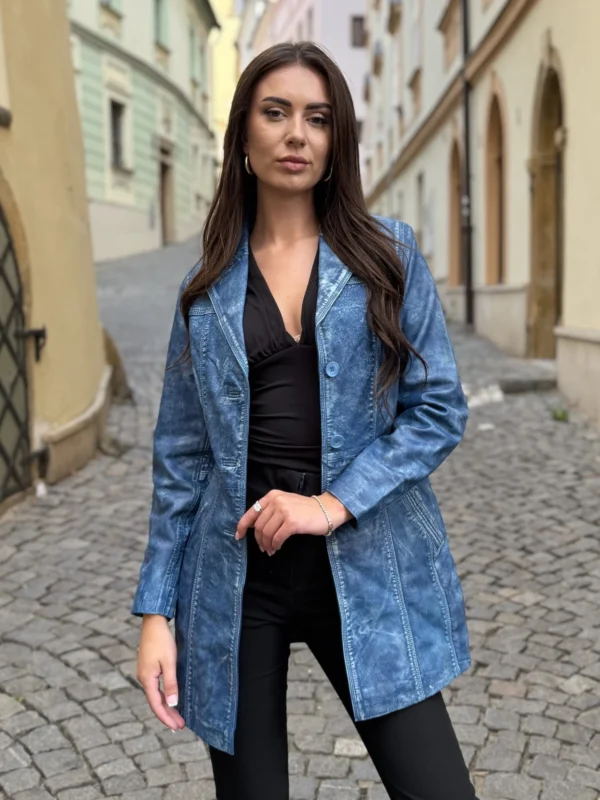 Sabine Denim Blue - dámský modrý kožený kabát
