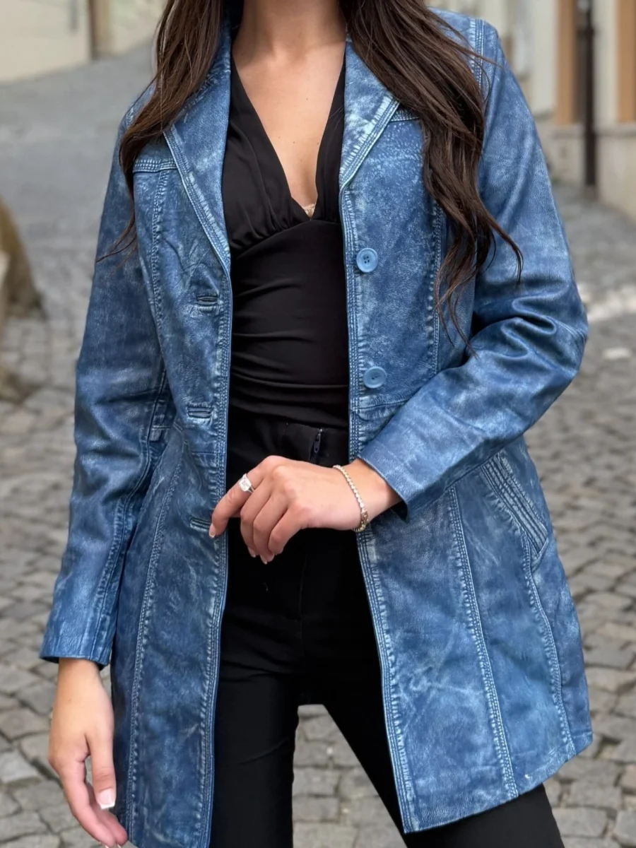Sabine Denim Blue - dámský modrý kožený kabát - Obrázek 2