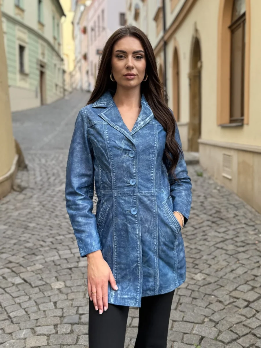 Sabine Denim Blue - dámský modrý kožený kabát - Obrázek 3