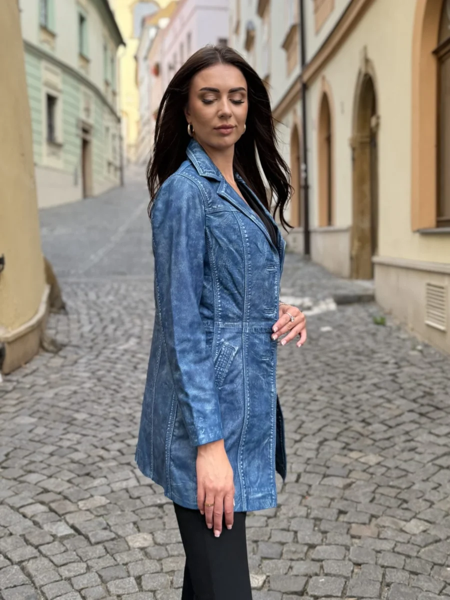 Sabine Denim Blue - dámský modrý kožený kabát - Obrázek 4