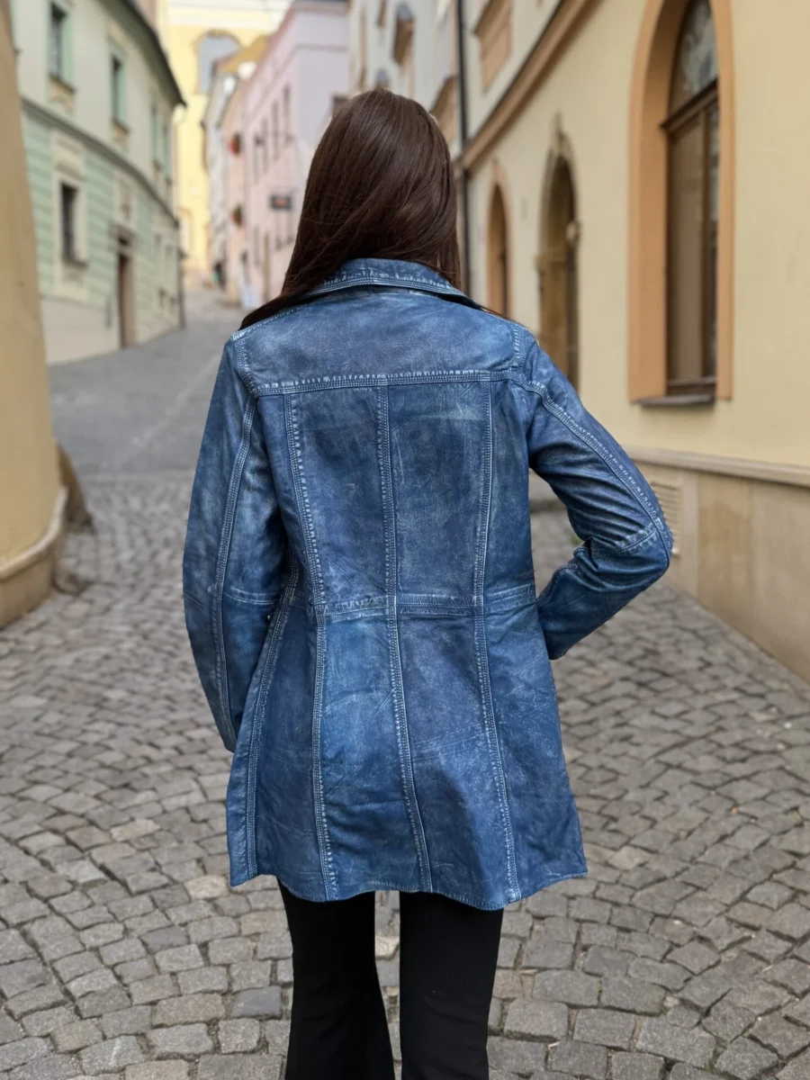 Sabine Denim Blue - dámský modrý kožený kabát - Obrázek 5