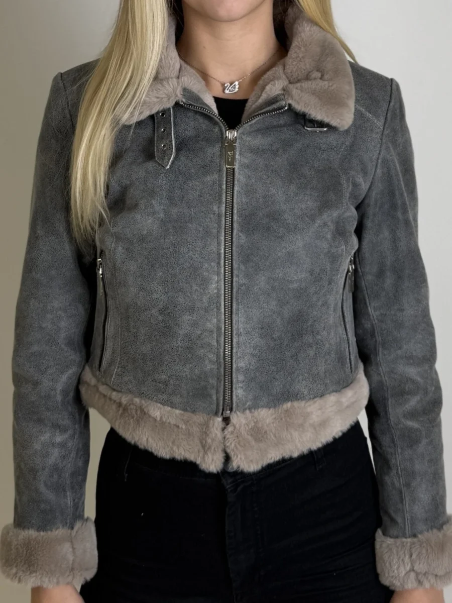 Elza Fur Coat Short – Dámská zimní kožená bunda šedá krátká - Obrázek 2