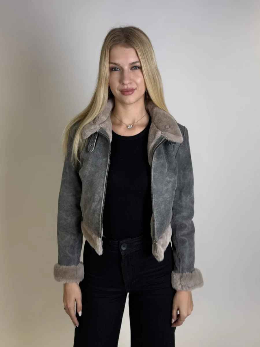 Elza Fur Coat Short – Dámská zimní kožená bunda šedá krátká - Obrázek 3