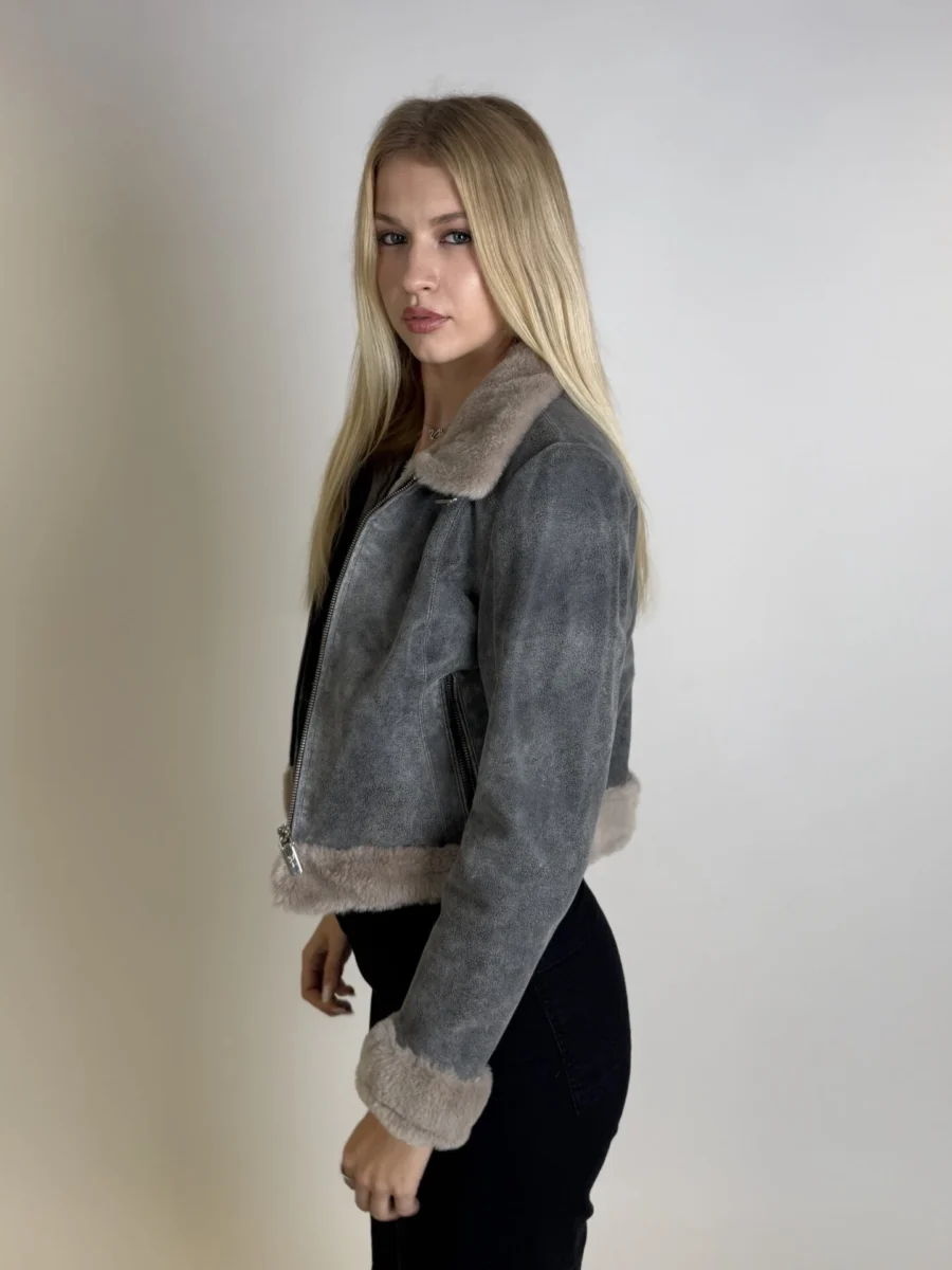 Elza Fur Coat Short – Dámská zimní kožená bunda šedá krátká - Obrázek 4
