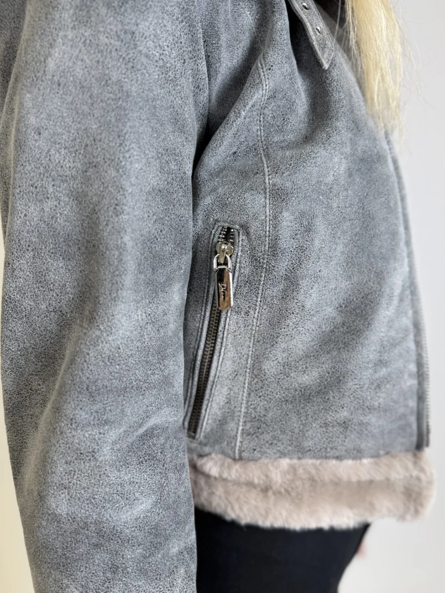 Elza Fur Coat Short – Dámská zimní kožená bunda šedá krátká - Obrázek 7
