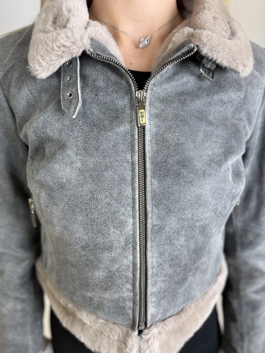 Elza Fur Coat Short – Dámská zimní kožená bunda šedá krátká - Obrázek 6