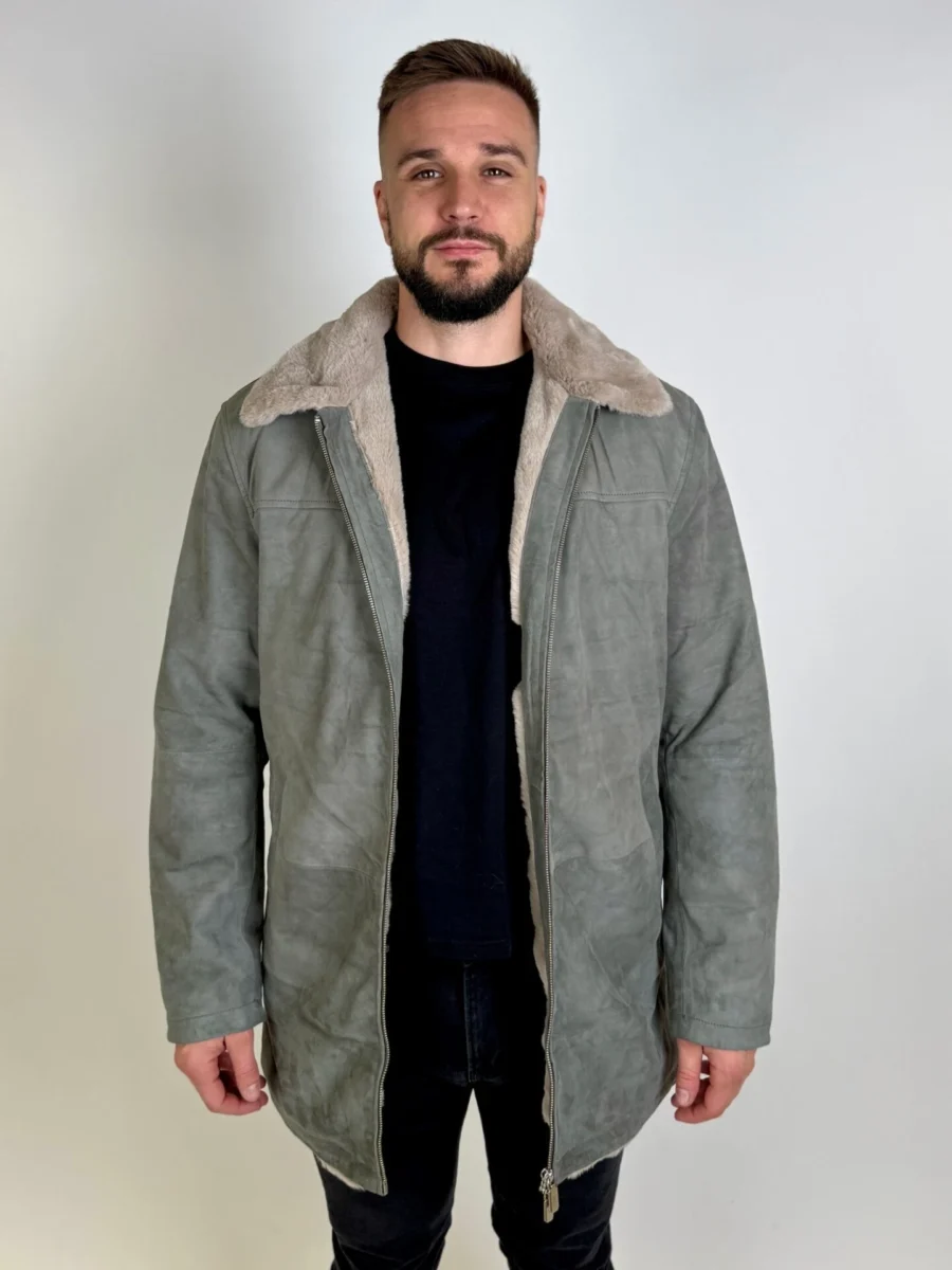 Helsinky Grey Suede- Pánská kožená prodloužená bunda s kožíškem - Obrázek 2