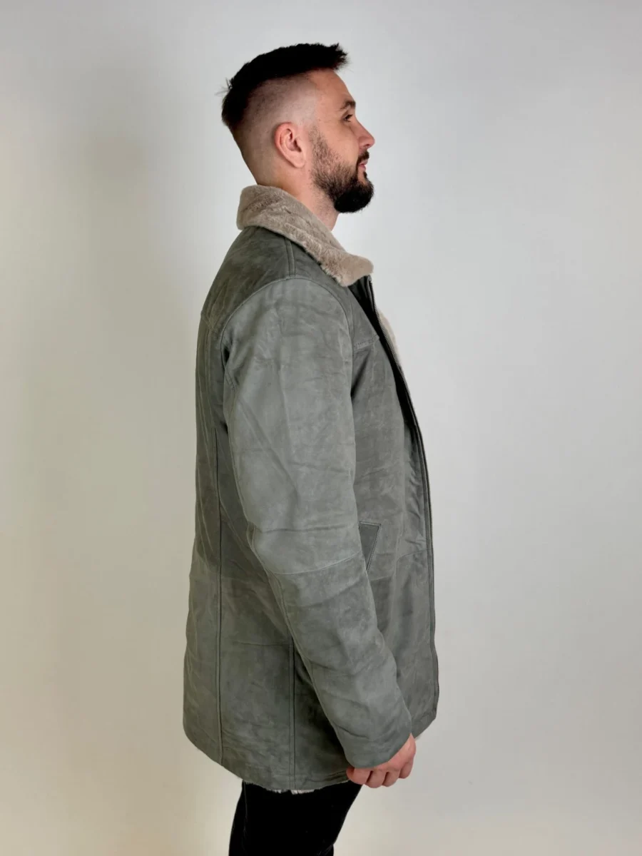 Helsinky Grey Suede- Pánská kožená prodloužená bunda s kožíškem - Obrázek 3
