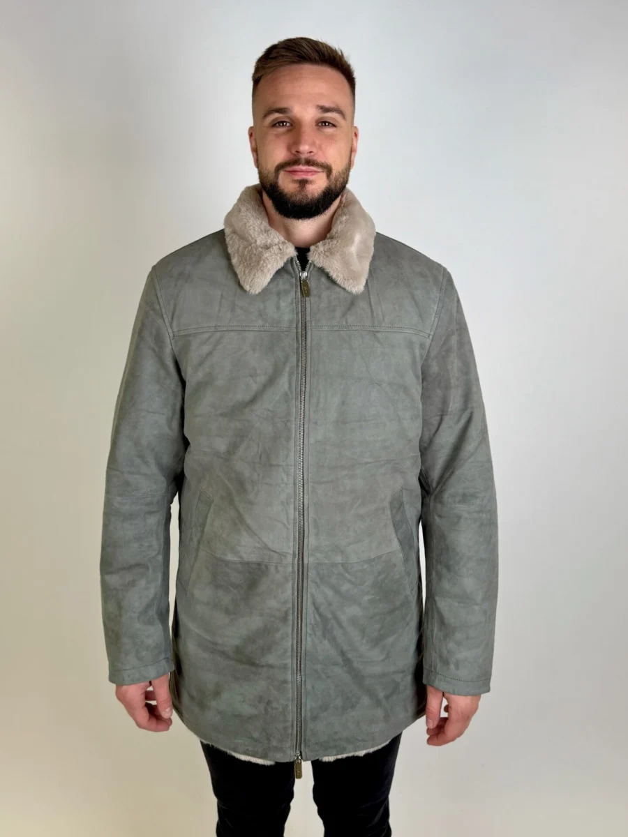 Helsinky Grey Suede- Pánská kožená prodloužená bunda s kožíškem - Obrázek 6