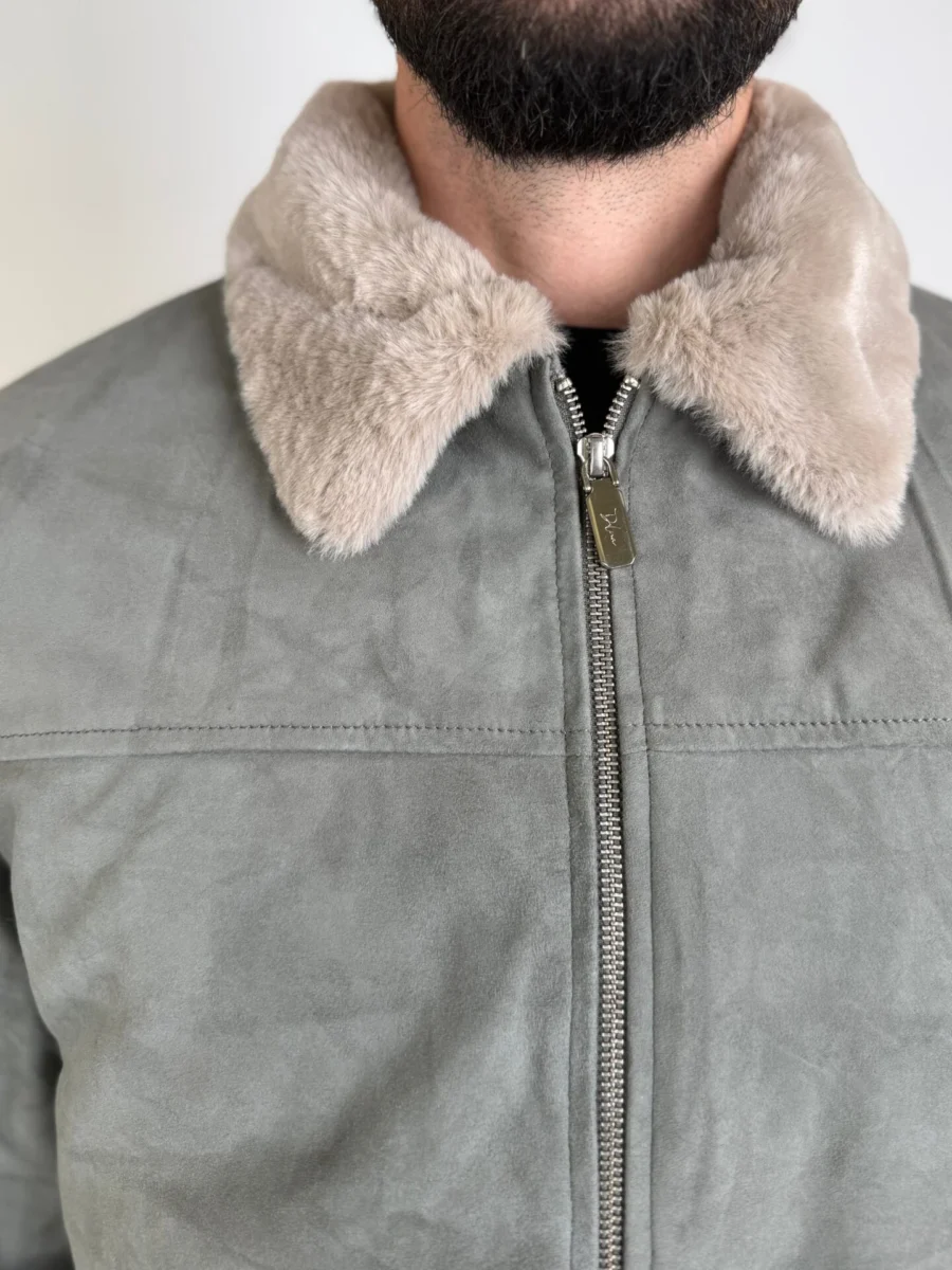 Helsinky Grey Suede- Pánská kožená prodloužená bunda s kožíškem - Obrázek 7