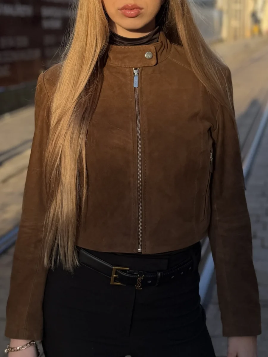 Amelie Brown Suede – Dámská kožená bunda hnědá semiš - Obrázek 2