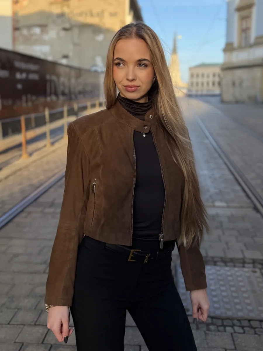 Amelie Brown Suede – Dámská kožená bunda hnědá semiš - Obrázek 4