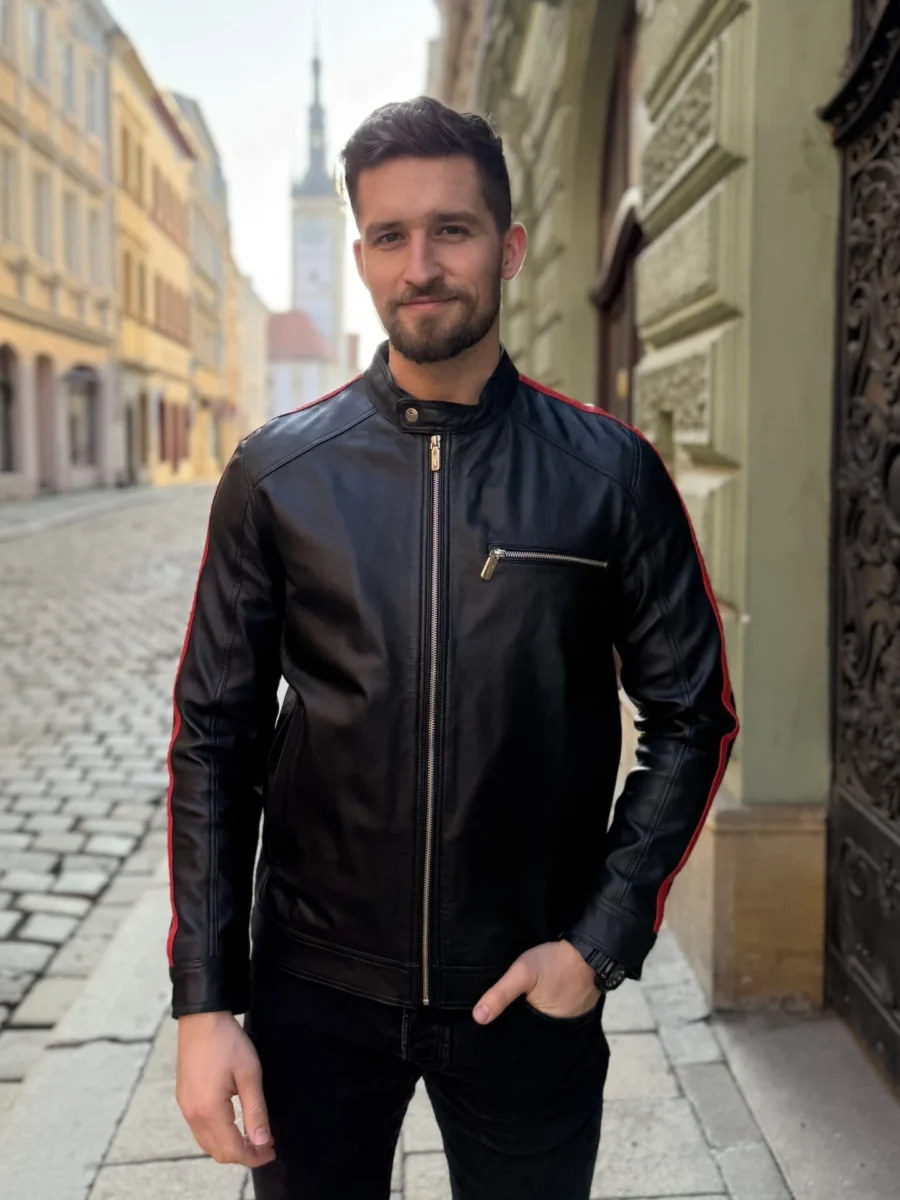 Rocky Red Line – Kožená pánská bunda s červeným pruhem - Obrázek 7