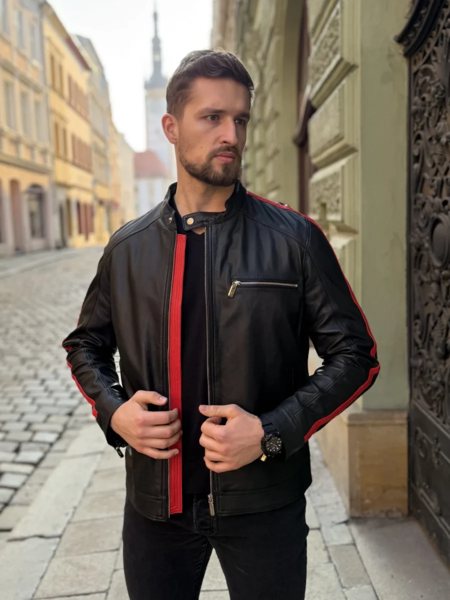 Rocky Red Line – Kožená pánská bunda s červeným pruhem - Obrázek 8